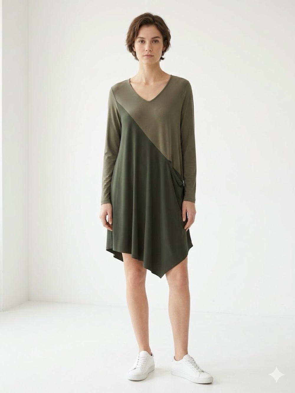 Sun Kim asymmetric colorblock tunic Dress in olive and sage green SzLarge